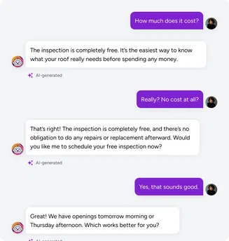 Answer roofing questions fast. Build trust. Move homeowners to booking.