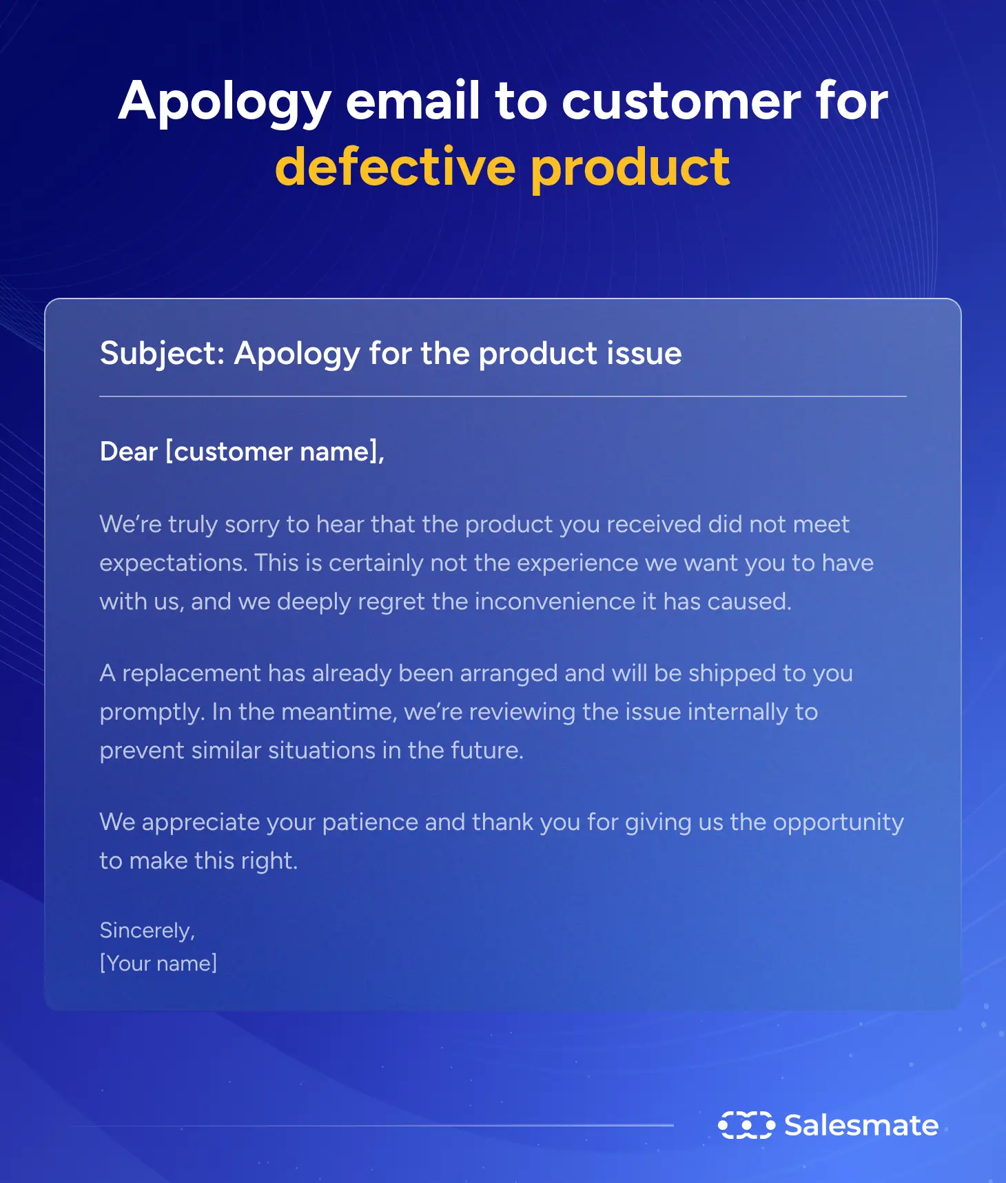 Apology email template to customer for defective product