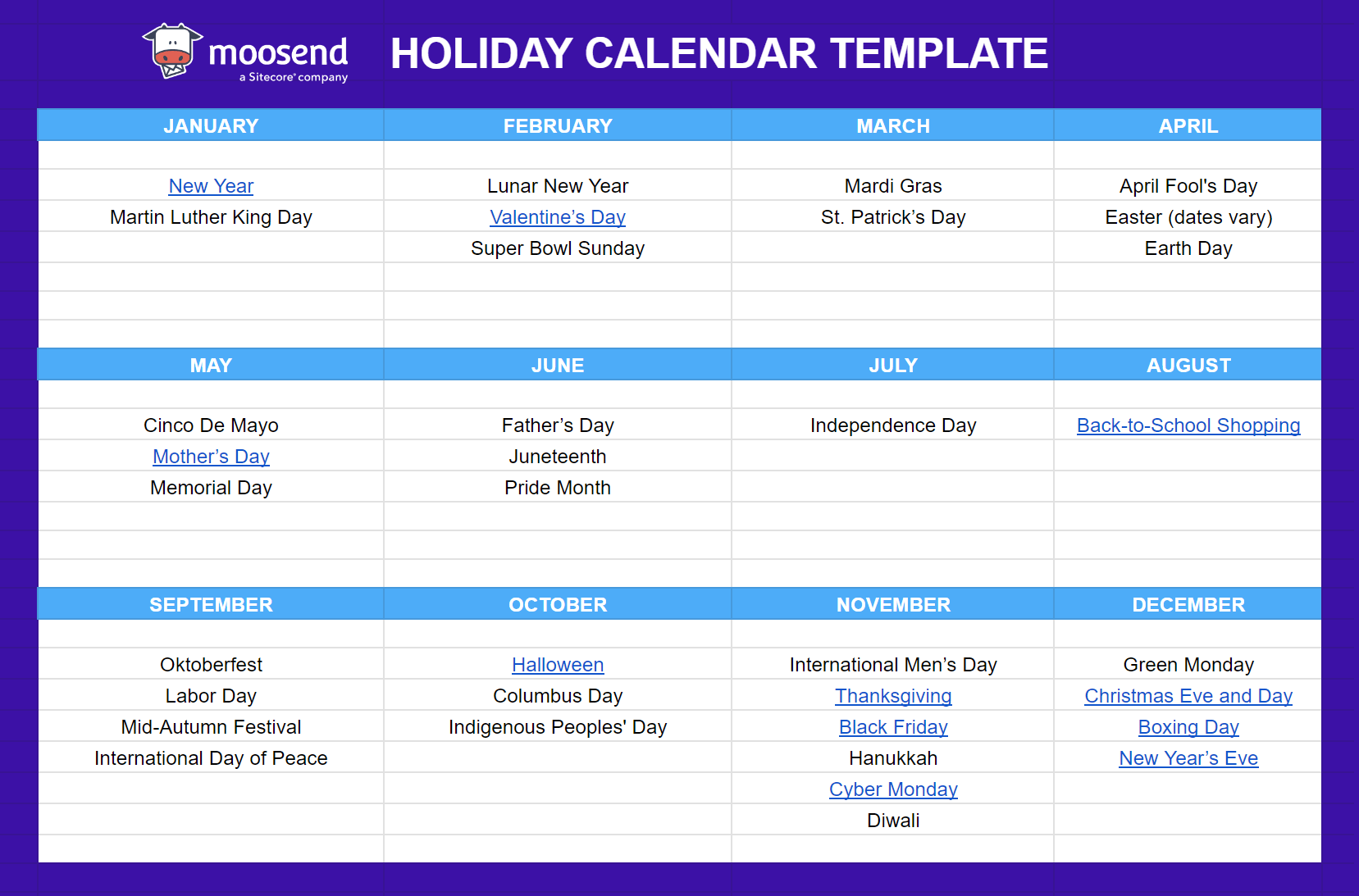 Holiday calendar marketing plan template