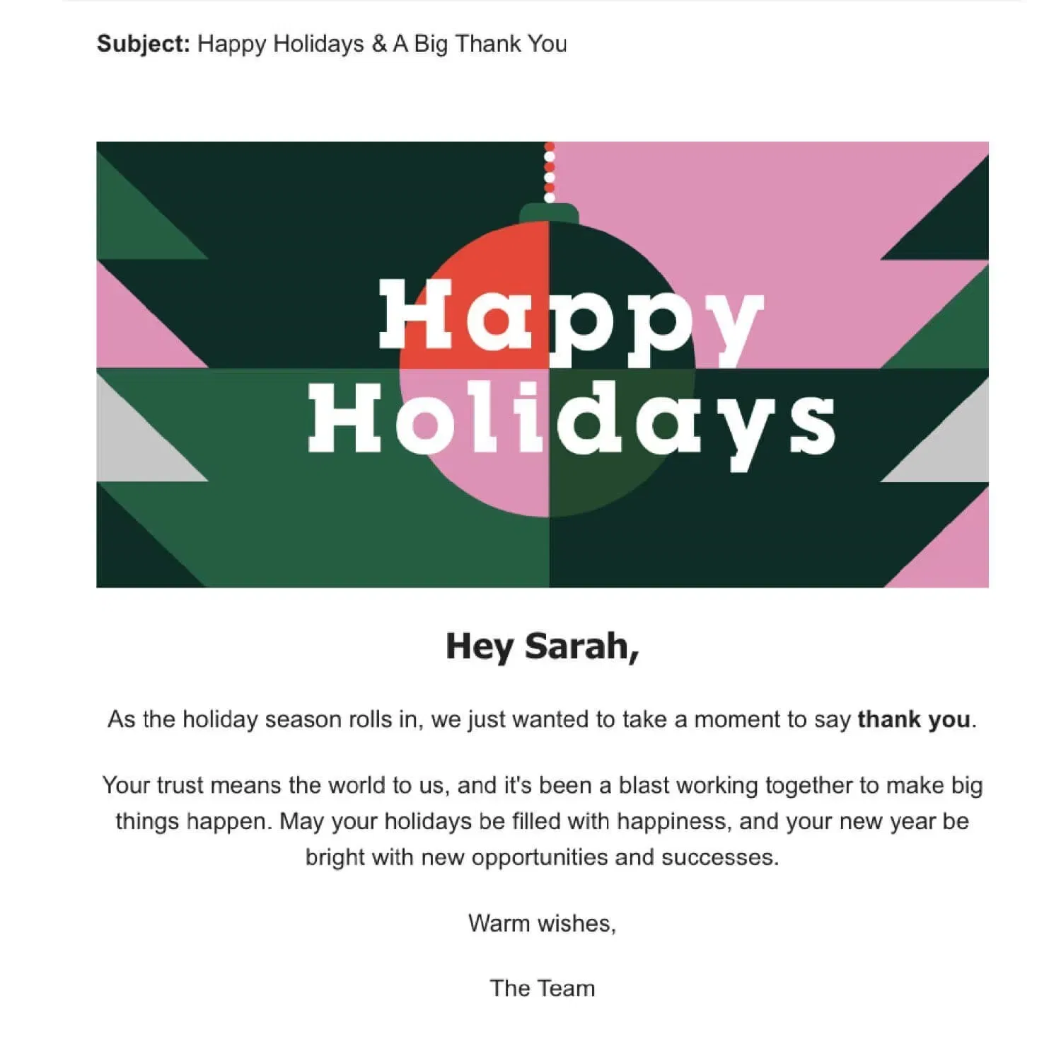 Example of holiday thank-you email