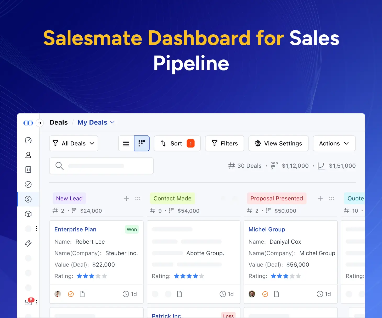 Salesmate dashboard for sales pipeline